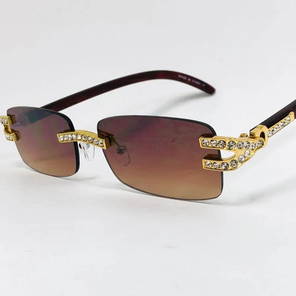 Men Sunglasses Square Brown Lens Fashion Diamond Bling Hip Hop Style Rimless New